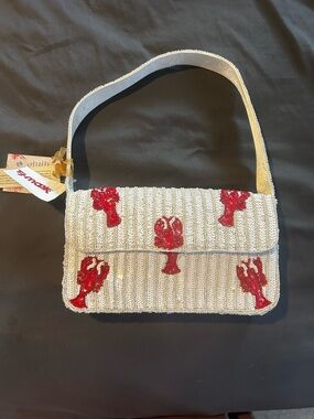 Hand crafted from India, Viral Beaded White Shoulder Bag with Red Lobster Motif